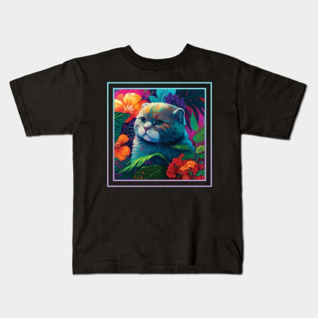 Pensive Scottish Fold Cat Vibrant Tropical Flower Digital Oil Painting Portrait Kids T-Shirt by ArtHouseFlunky